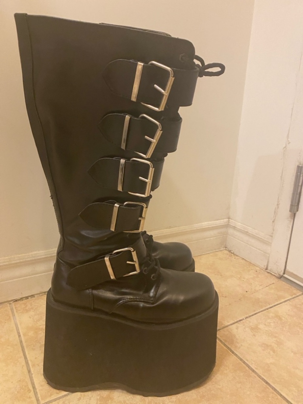 Black Platform Knee-High Buckle Lace-Up Boots